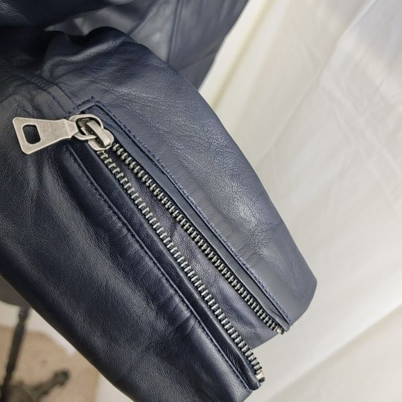 Tess Exotic Leather Biker Jacket Size Small Dark Blue 100% Sheepskin RARE UNIQUE - Picture 5 of 15